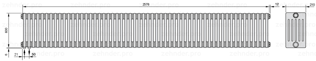 Схема (чертеж) Радиатор Zehnder Charleston 6060/56 №3370 Белый глянцевый RAL 9016